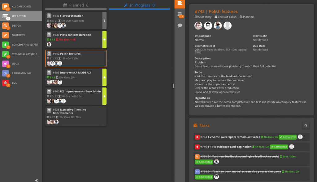 Progress using the HacknPlan board