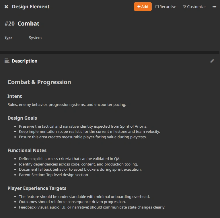 Structured game design document editor