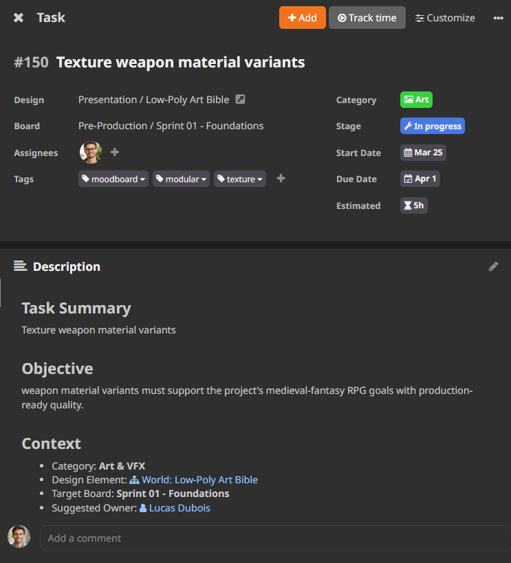 HacknPlan work item view